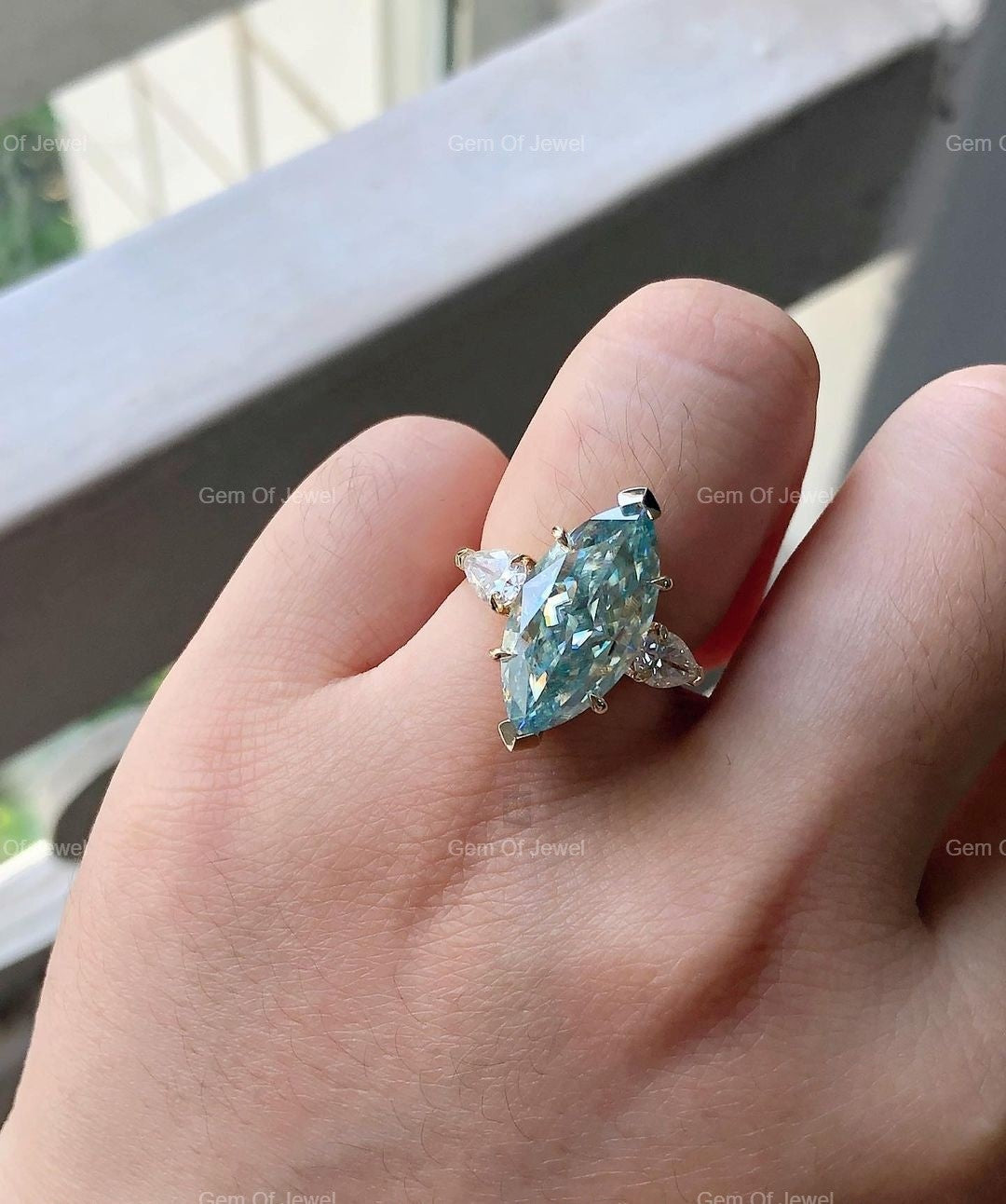 Marquise Green Moissanite Diamond Ring, Three Stone Marquise Moissanite Diamond Fancy Ring For Her, Green Moissanite Engagement Diamond Ring