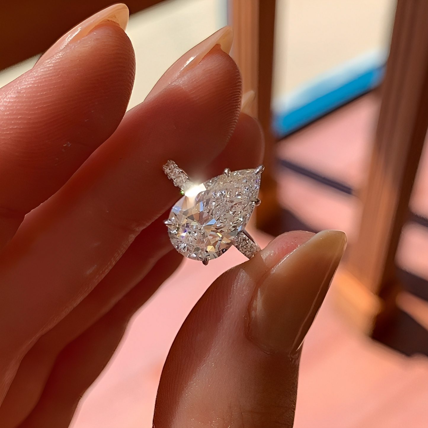 2CT Pear Diamond Moissanite Halo Engagement Ring With Pave Eternity Of Round Diamond On Band, Pear Cut Moissanite Diamond Ring Gift For Her