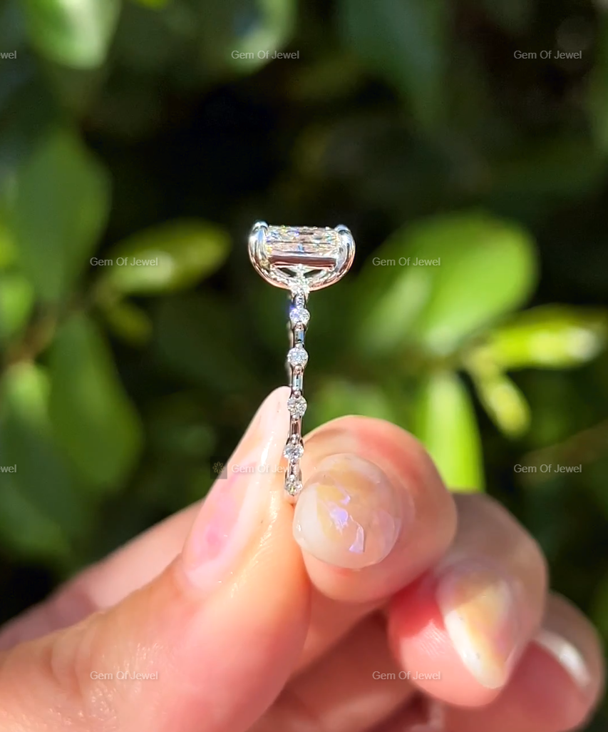 Radiant Moissanite Diamond Ring With Spaced Round Moissanite Diamond Band Solid Gold Ring, Radiant Moissanite Diamond Ring Gift For Her