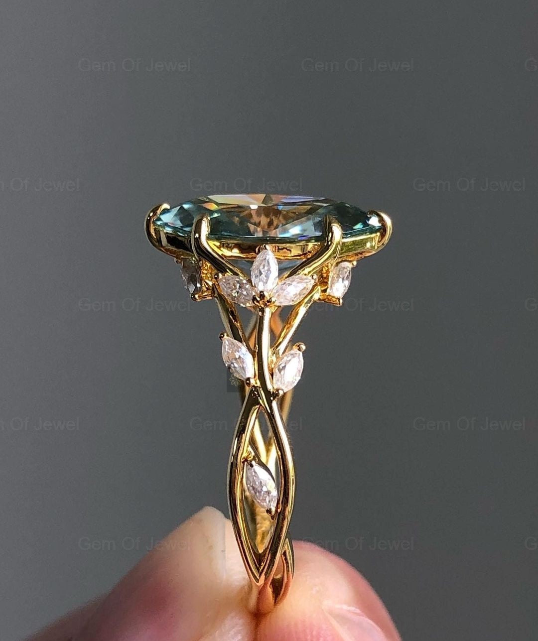 Marquise Green Moissanite Diamond Ring ,Floral Leaf Ring With Side Marquise Moissanite Diamond Unique Fancy Ring For Her, Green Diamond Ring
