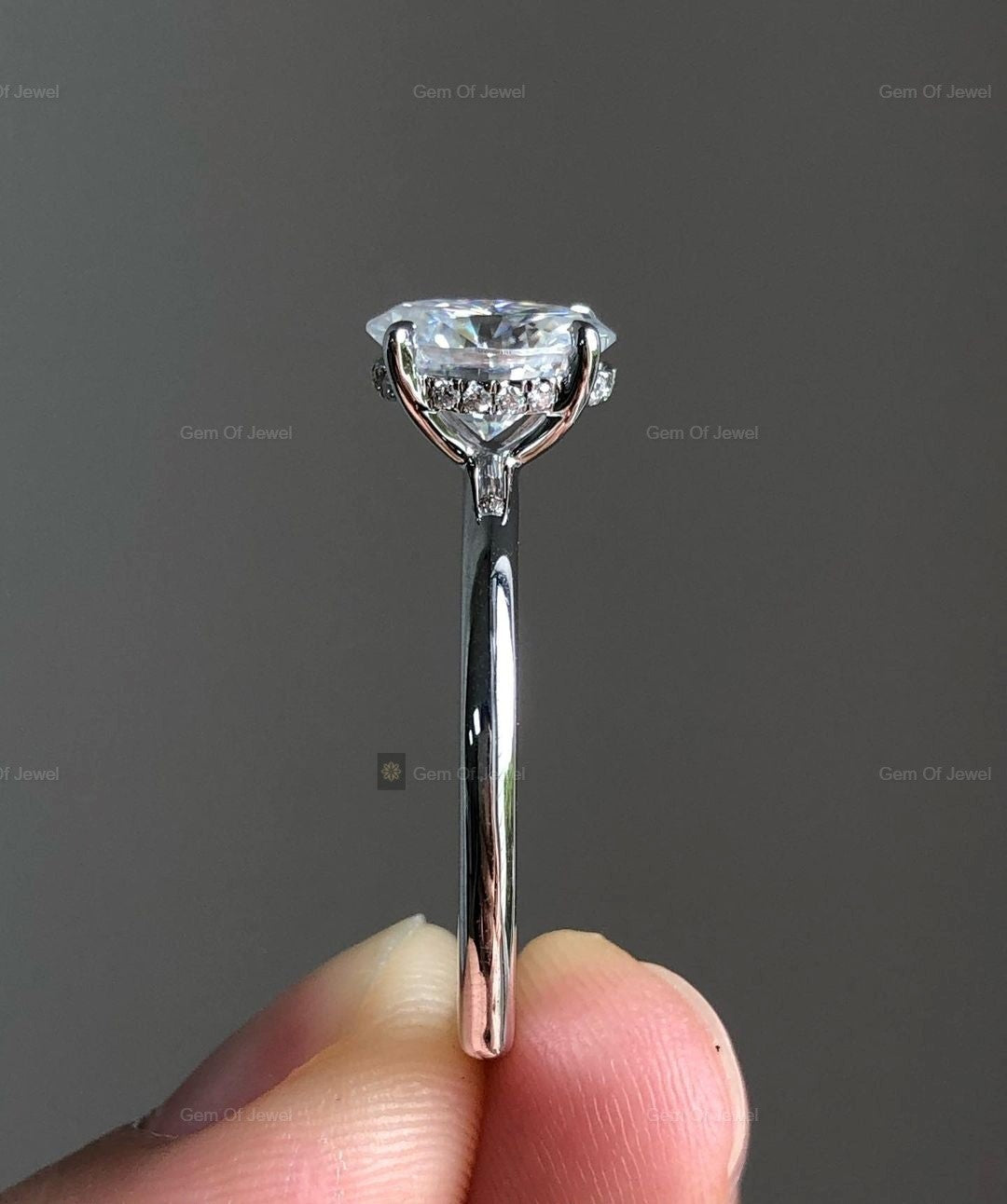1CT Oval Moissanite Diamond Oval And Unique Band Style And Halo Of Round Diamond With Plain Band Engagement Ring For Her, Oval Diamond Ring
