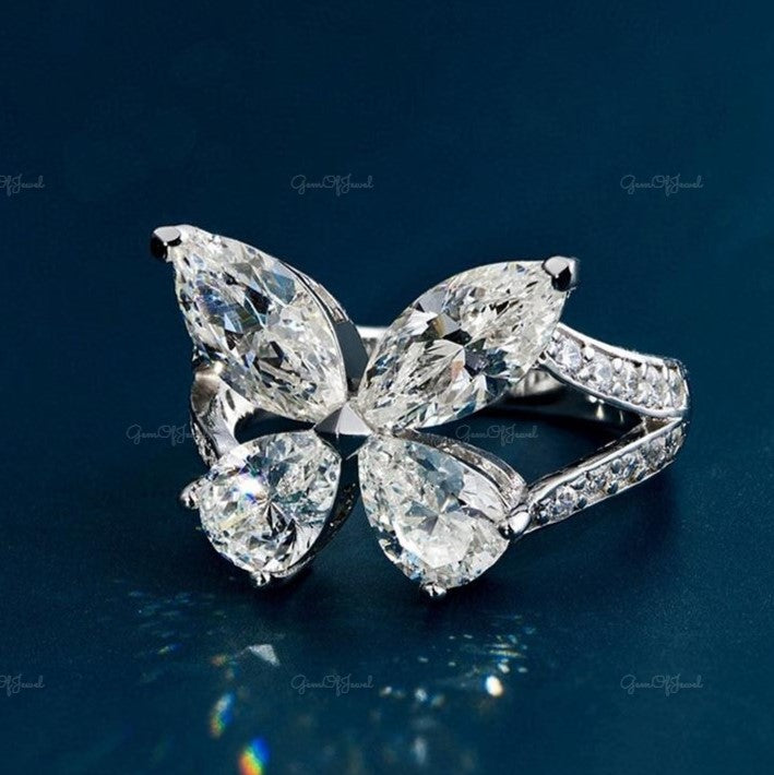 Marquise Moissanite Diamond And Pear Moissanite Diamond Butterfly Shape Engagement Ring, Butterfly Shape Diamond Ring With