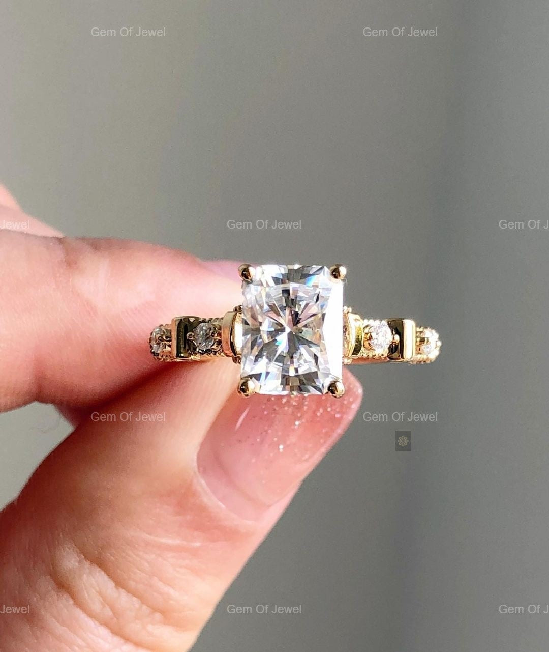1CT Radiant Moissanite Diamond With Side Round Diamond Ring For Her, Radiant Cut Art Deco Ring, Radiant Diamond Moissanite Engagement Ring
