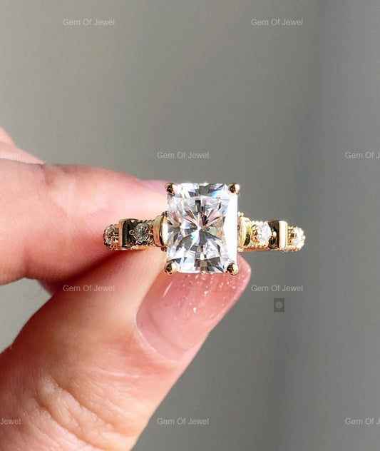 1CT Radiant Moissanite Diamond With Side Round Diamond Ring For Her, Radiant Cut Art Deco Ring, Radiant Diamond Moissanite Engagement Ring