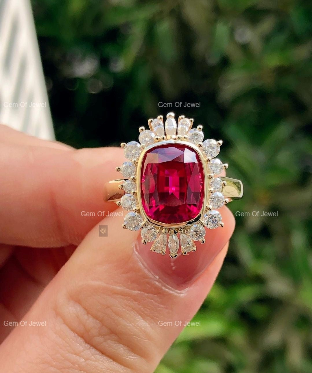 Ruby Stone Cushion Shape Ring, Ruby Stone Statement Ring For Her, Red Ruby Stone Cushion Diamond With Side Round Moissanite Diamond Ring
