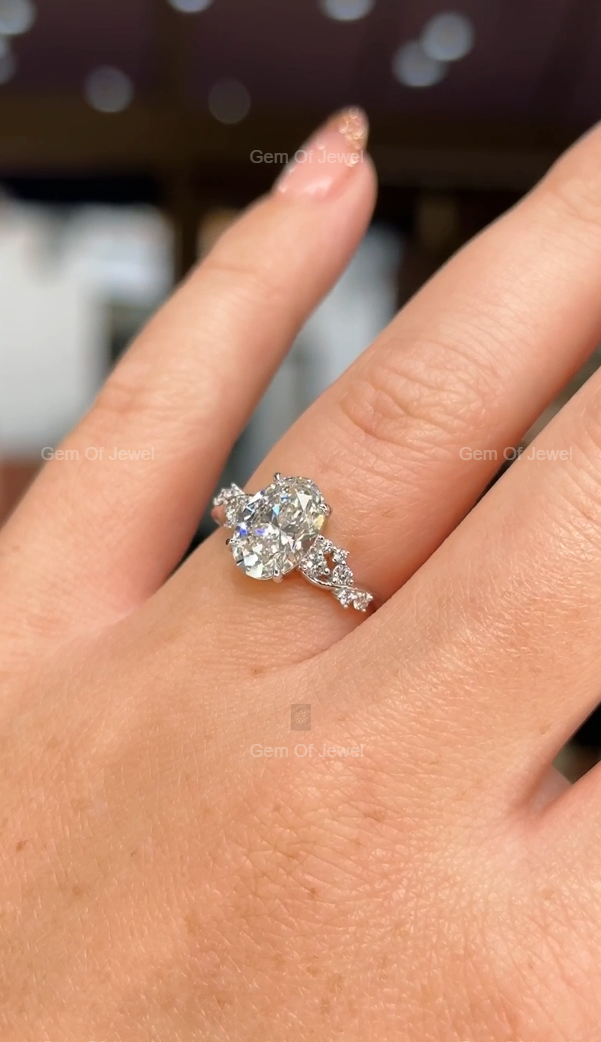 Oval Diamond Moissanite Ring With Flower Shape Pave Engagement Ring For Her, Oval Flower Shape Ring, Oval Moissanite Diamond Engagement Ring