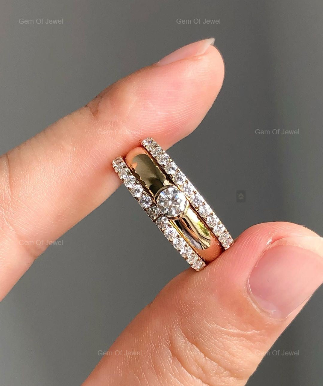 3PC Set Round Moissanite Bezel Set Diamond Wedding Ring Set, 3Pc Wedding Ring Set, Round Moissanite Diamond Ring With Matching Bands Set