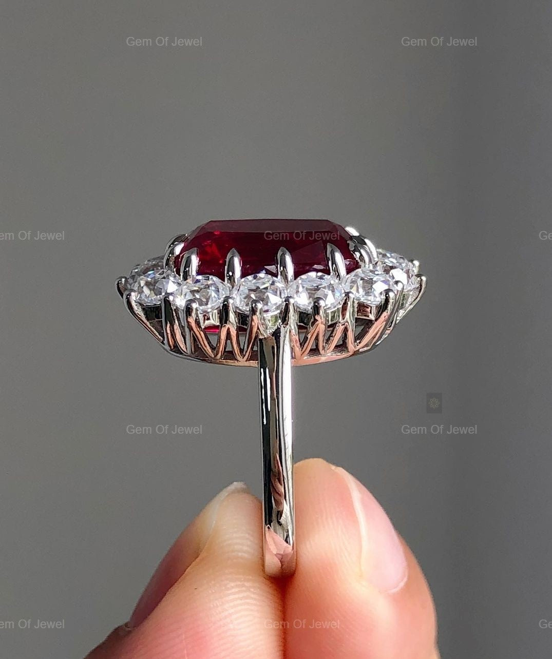 Ruby Stone Cushion Cut Ring, Ruby Stone Statement Ring For Her, Red Ruby Ring Cushion Diamond With Side Round Moissanite Diamond Ring
