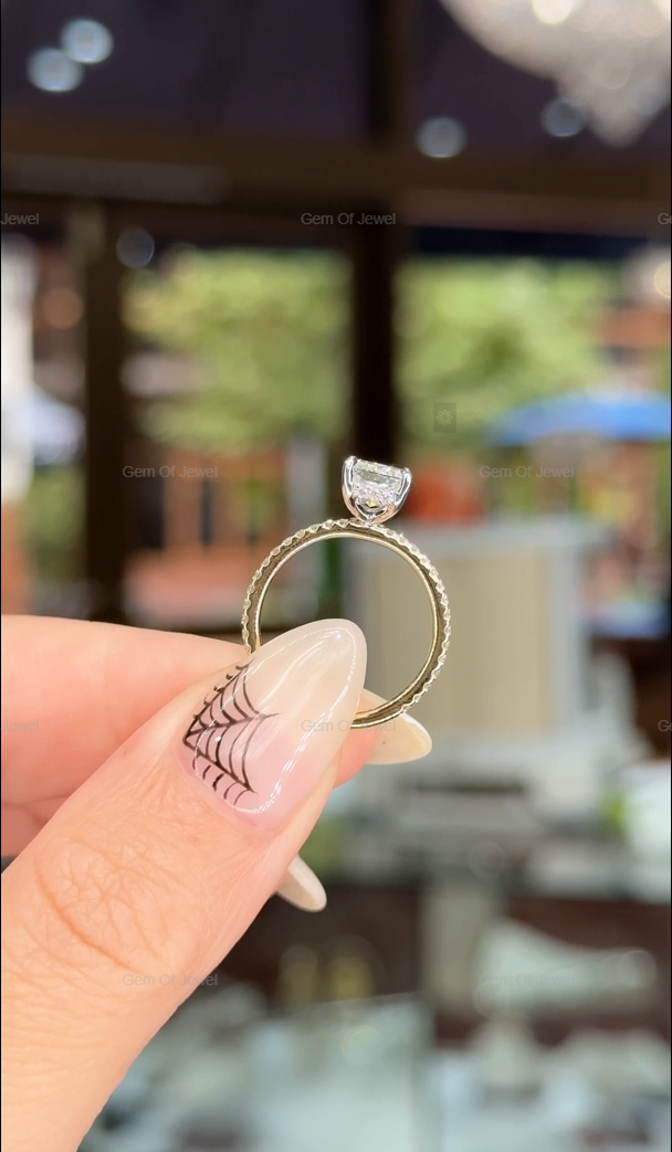 Two Tone Gold Radiant Cut Diamond Ring With Halo Of Round Moissanite Diamond And Pave Diamonds, Solid Gold Ring, Radiant Cut Diamond Ring