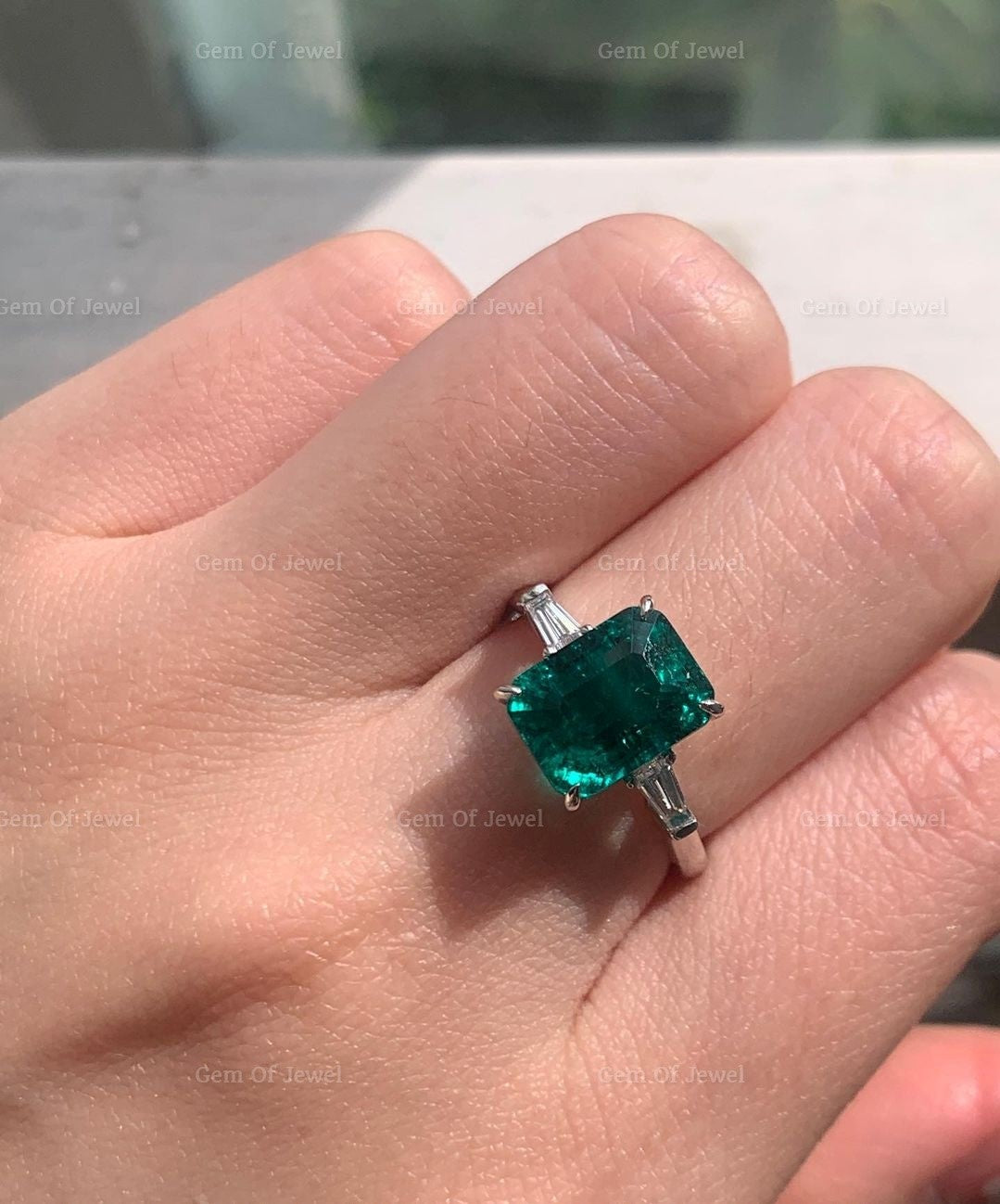 Green Emerald Diamond Three Stone Engagement Ring with Side Tapered Baguette Diamond Ring, Green Lab Diamond Emerald Three Stone Ring Gift