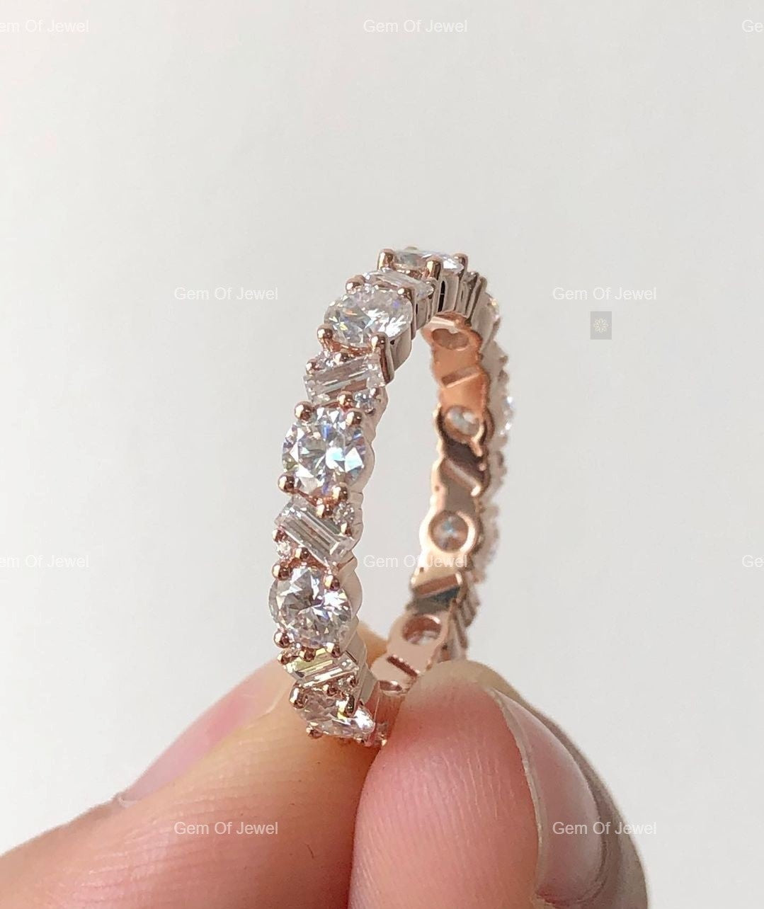 Baguette And Round Moissanite Diamond Band Full Eternity Diamond Band For Her, Baguette Wedding band For Her, Round Diamond Wedding Band