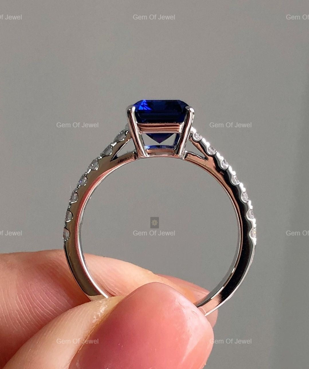Blue Sapphire Emerald Diamond Ring with Side Round Moissanite Diamond Ring, Dark Blue Sapphire Emerald Diamond Ring Gift For Her