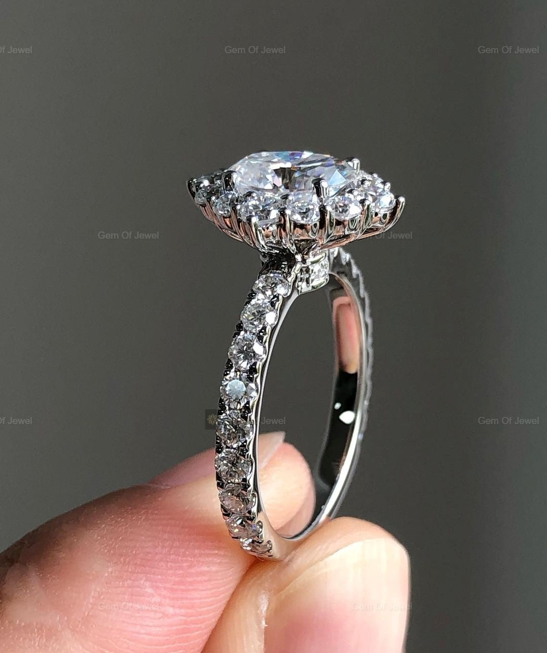 1CT Oval Moissanite Diamond With Halo Of Round Moissanite Diamond And Diamond On Bridge Ring For Her, Oval Moissanite Diamond Ring For Her