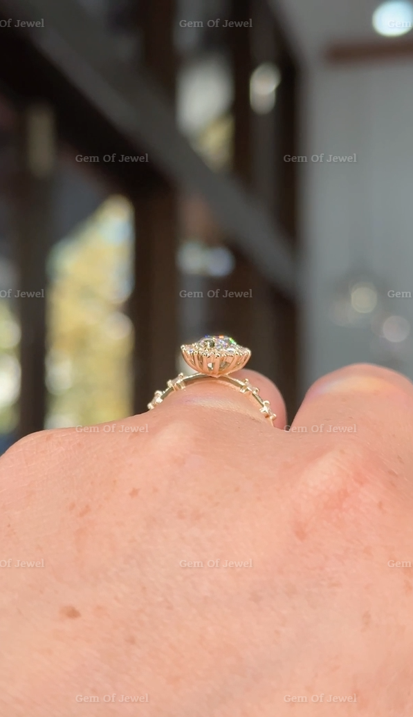 Marquise Diamond Moissanite Vintage Ring With Halo Of Round Moissanite Diamond And Bubble Design Band, Marquise Moissanite Vintage Halo Ring