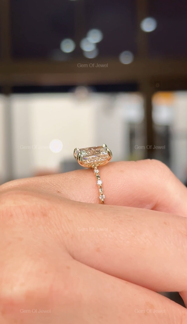 2.5CT Radiant Moissanite Diamond Ring With Round Moissanite Diamond Band Solid Gold Ring, Radiant Moissanite Diamond Engagement Ring For Her