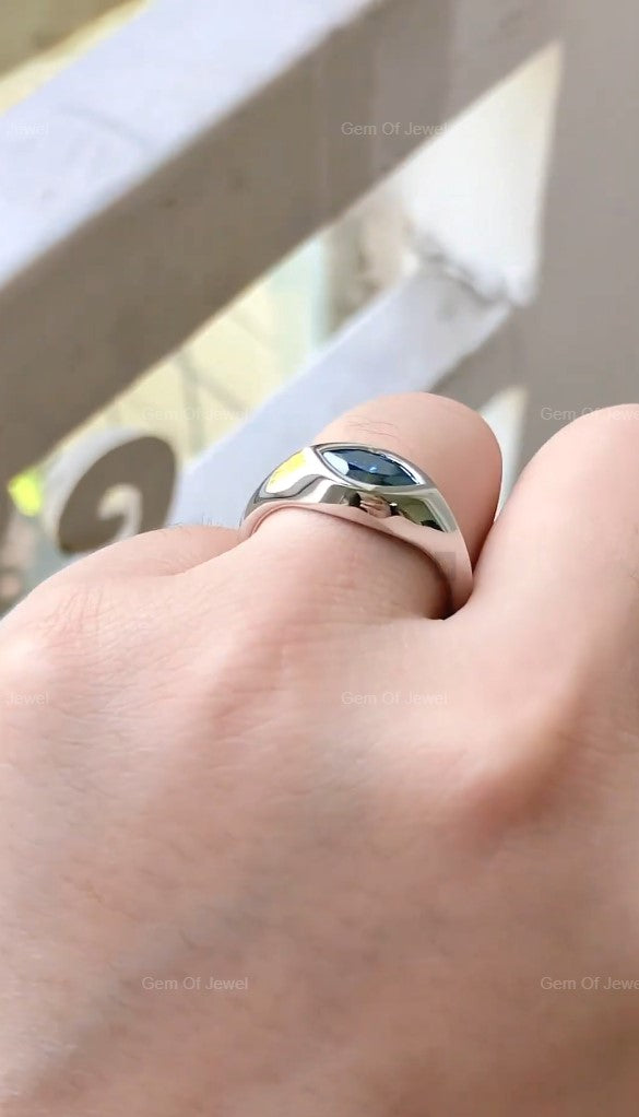 Marquise Diamond Solitaire Ring With Lab Diamond Blue Sapphire Ring, East West Set Marquise Lab Diamond Solitaire Unique Statement Ring