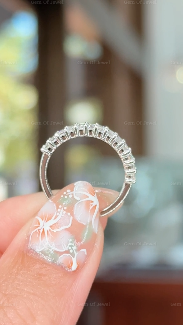 Emerald Moissanite Half Eternity Wedding Ring, Emerald Diamond Moissanite Wedding Band, Emerald Diamond Matching Band, 3mm Diamond Band