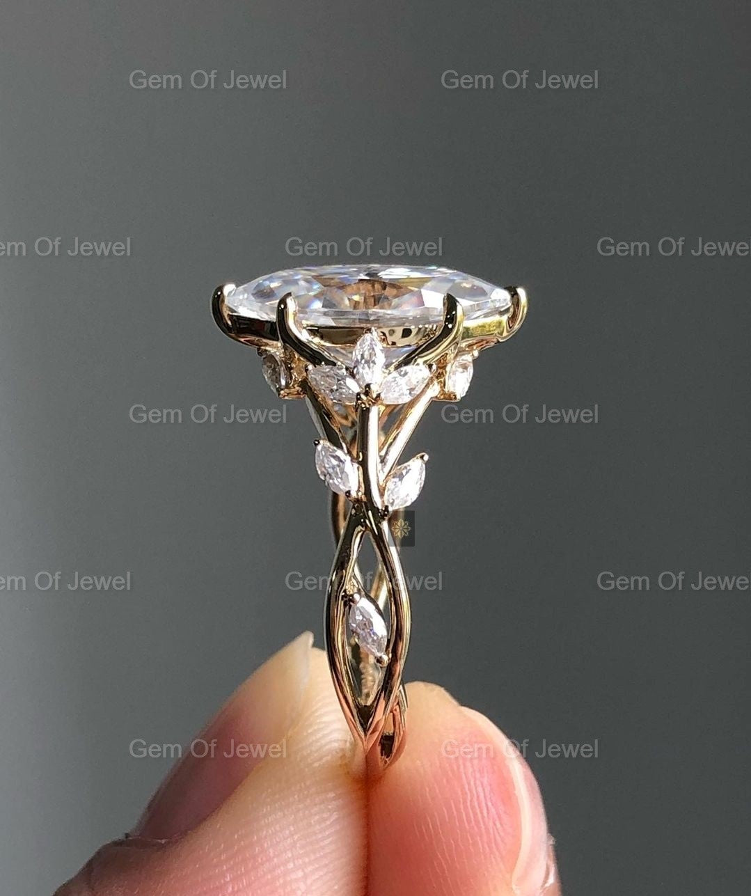 Marquise Moissanite Diamond Ring, Floral Leaf Ring With Side Marquise Moissanite Diamond Unique Fancy Ring For Her, Marquise Diamond Ring