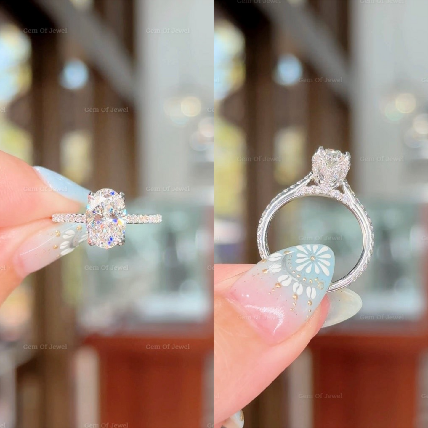 Oval Lotus Prong Moissanite Ring With Pave Eternity Engagement Ring For Her, Oval Petal Prong Diamond Ring, Oval Moissanite Diamond Ring