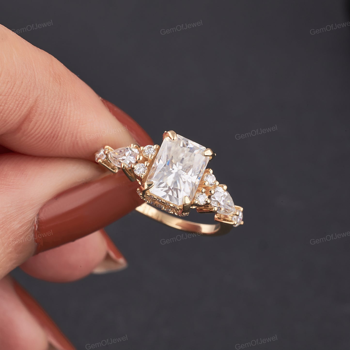 2.50 CT Radiant Cut Moissanite Ring, Pear And Round Cut Three Stone Engagement Ring, Antique Cut Moissanite, Wedding Ring, Unique Ring