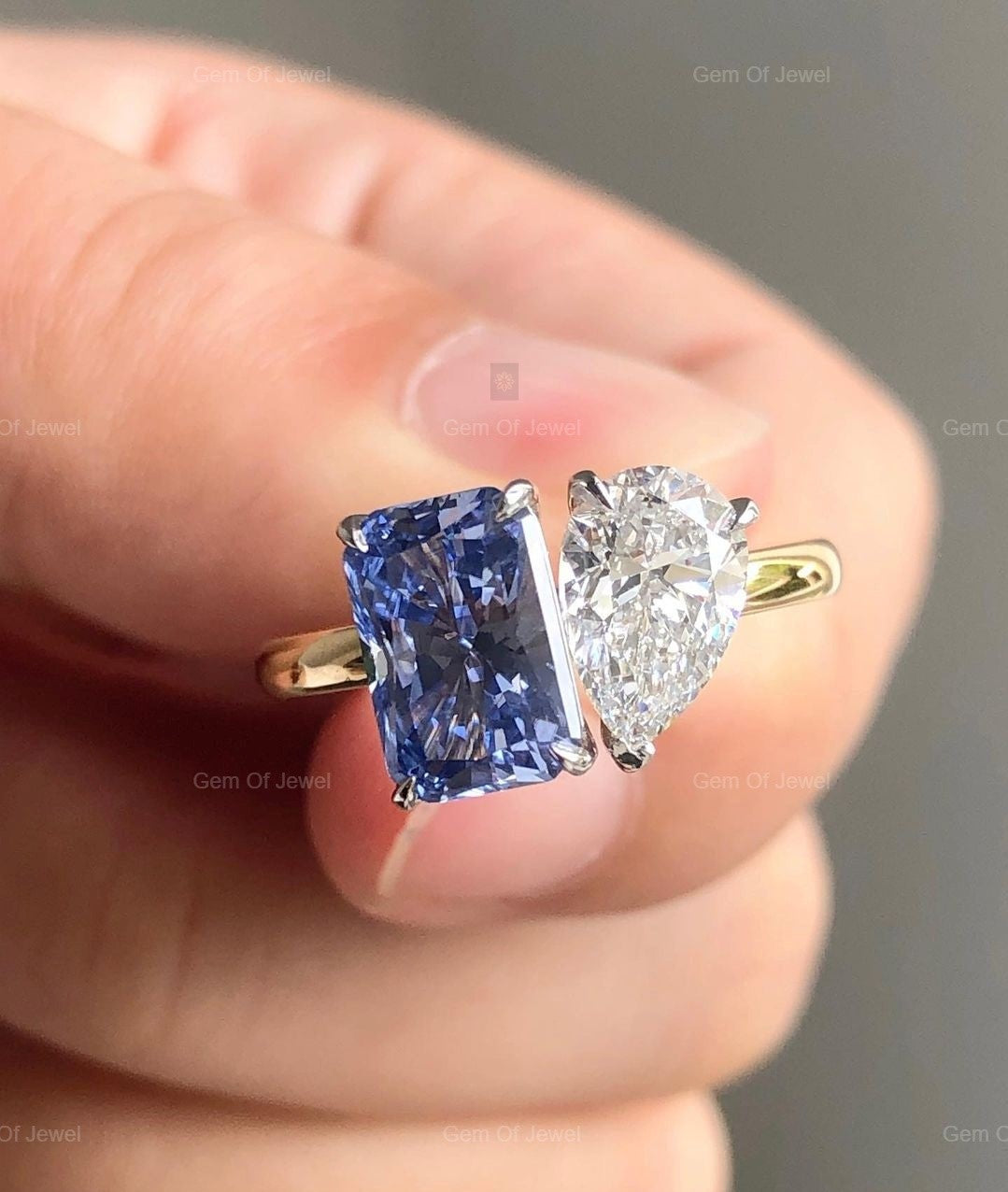 Toi et Moi Ring Pear Moissanite And Amethyst Radiant Cut Diamond Ring, Two Stone Diamond Ring, Radiant Amethyst Ring, Purple Diamond Ring