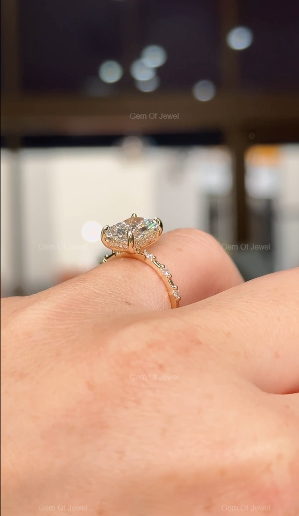 2.5CT Radiant Moissanite Diamond Ring With Round Moissanite Diamond Band Solid Gold Ring, Radiant Moissanite Diamond Engagement Ring For Her