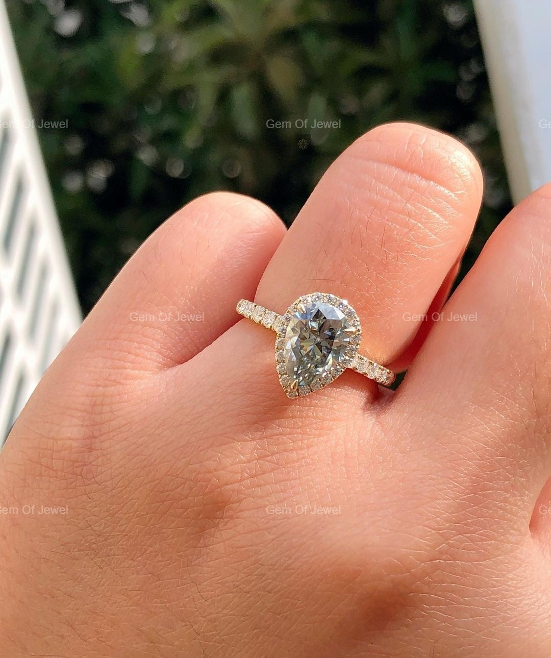 Gray Moissanite Pear Diamond With Halo Of Round Moissanite Diamond Ring For Her, Gray Moissanite Diamond Engagement Ring For Her, Pear Ring