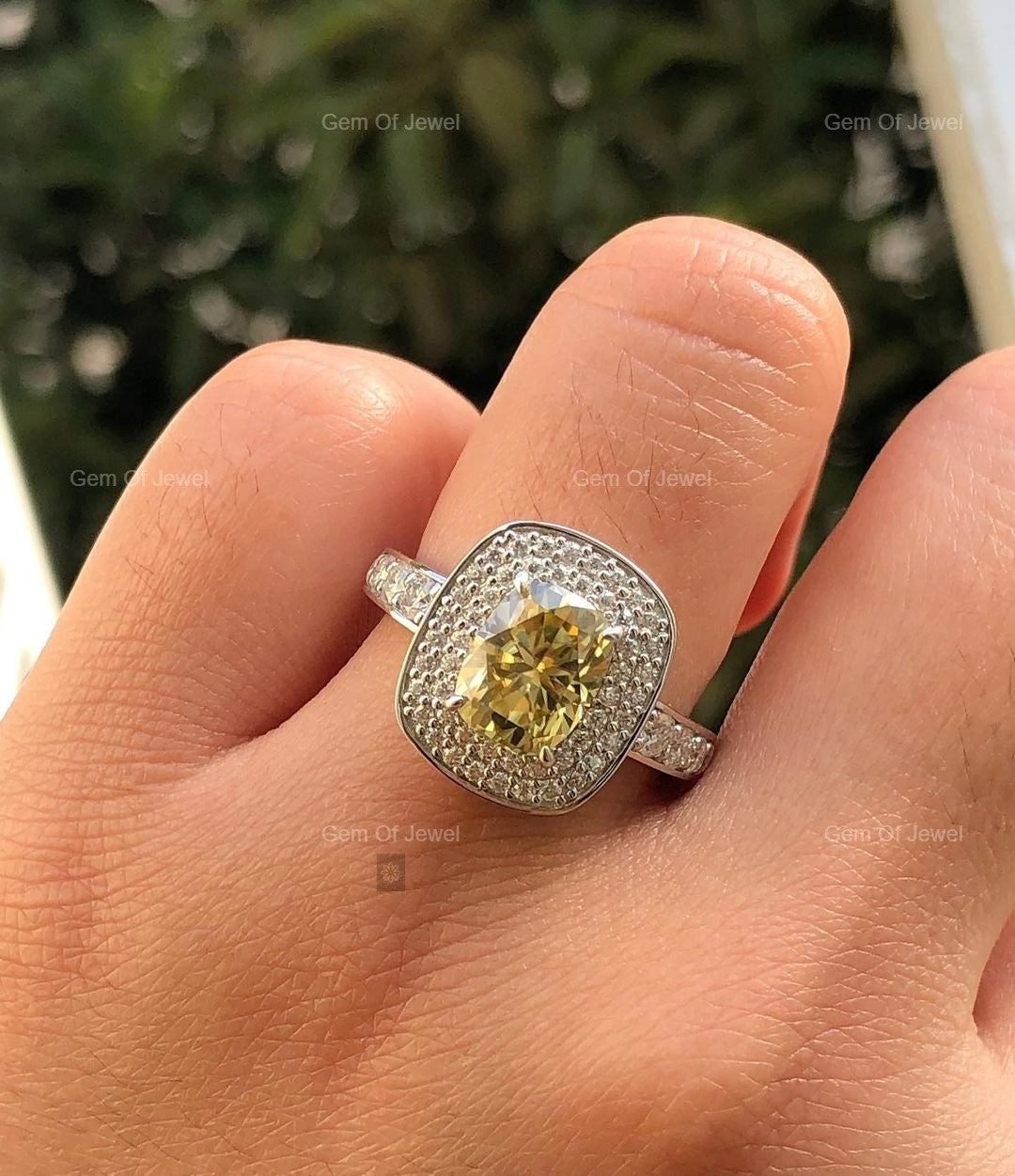 Yellow Moissanite Elongated Cushion Moissanite Diamond Ring With Pave Of Round Moissanite Diamond Engagement Ring, Yellow Moissanite Ring