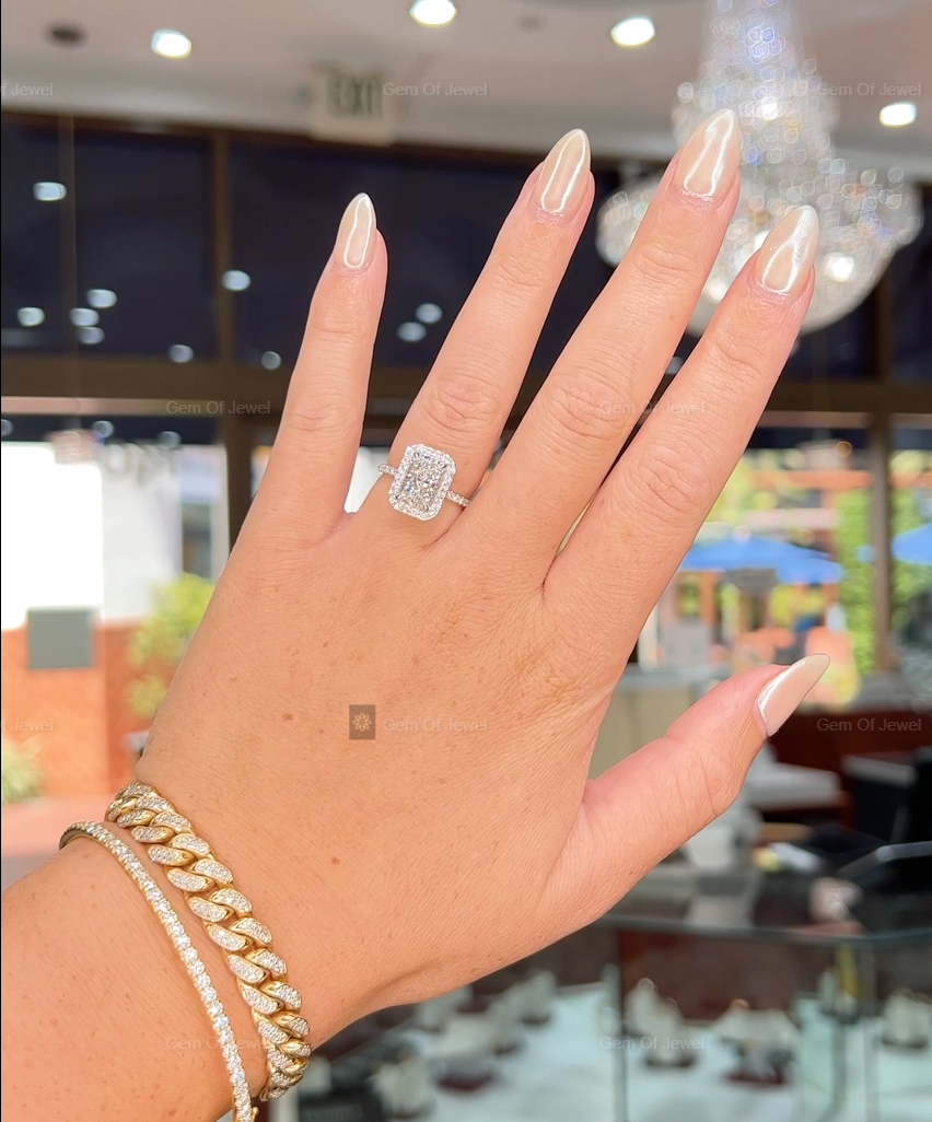 Radiant Cut Moissanite Diamond With Halo Of Round Moissanite Diamond And Petal Prong Solid Gold Ring, Lotus Prong Ring, Radiant Diamond Ring