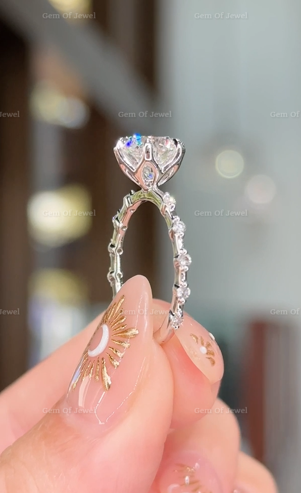 2CT Lotus Prong Round Moissanite Diamond Ring With Floating Bubble Band With Six Prong Lotus Petal Prongs, 2CT Round Moissanite Diamond Ring