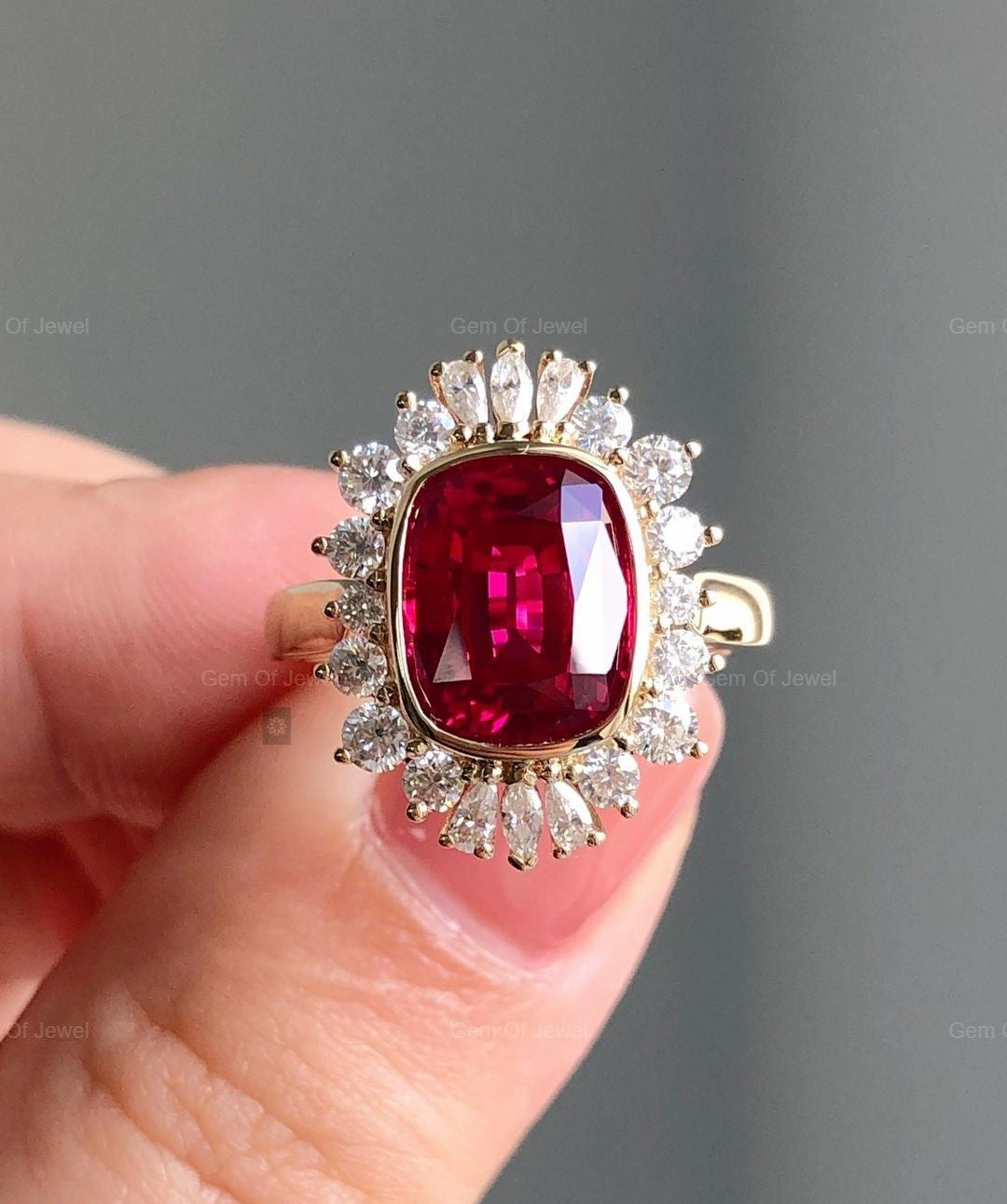 Ruby Stone Cushion Shape Ring, Ruby Stone Statement Ring For Her, Red Ruby Stone Cushion Diamond With Side Round Moissanite Diamond Ring