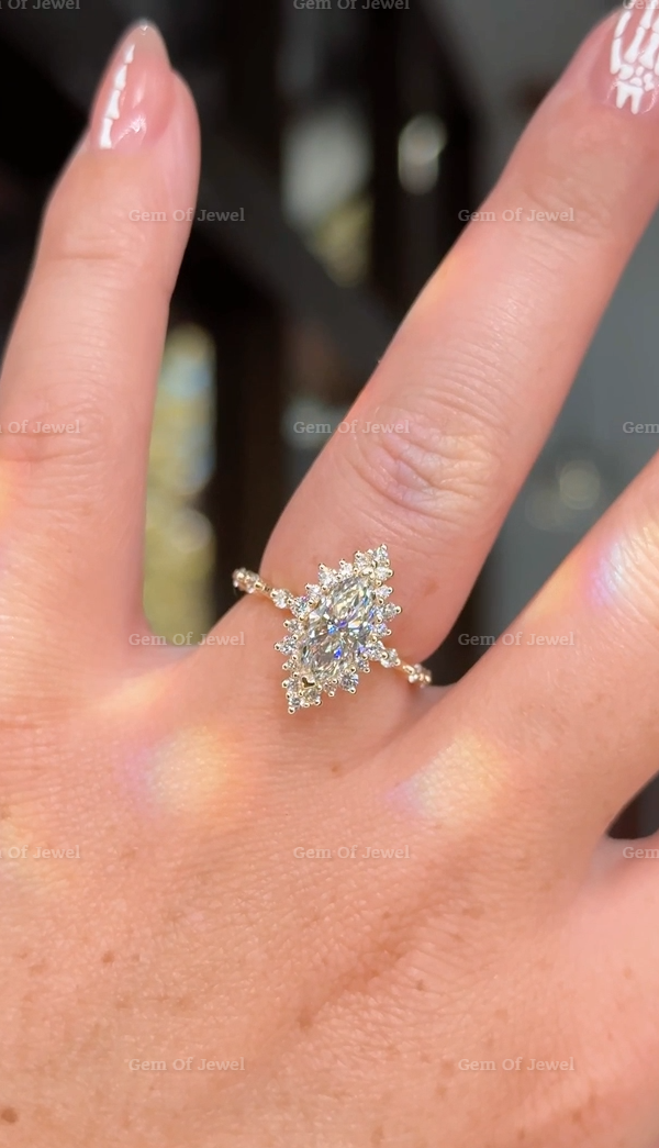Marquise Diamond Moissanite Vintage Ring With Halo Of Round Moissanite Diamond And Bubble Design Band, Marquise Moissanite Vintage Halo Ring