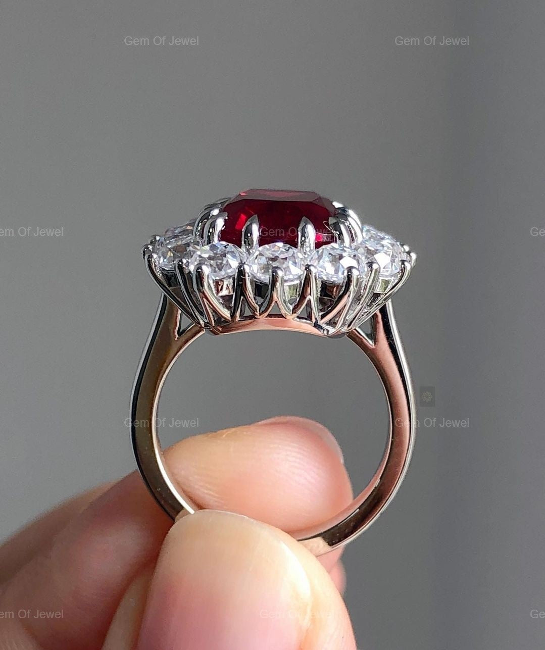 Ruby Stone Cushion Cut Ring, Ruby Stone Statement Ring For Her, Red Ruby Ring Cushion Diamond With Side Round Moissanite Diamond Ring