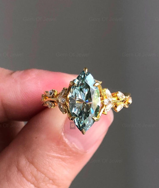Marquise Green Moissanite Diamond Ring ,Floral Leaf Ring With Side Marquise Moissanite Diamond Unique Fancy Ring For Her, Green Diamond Ring