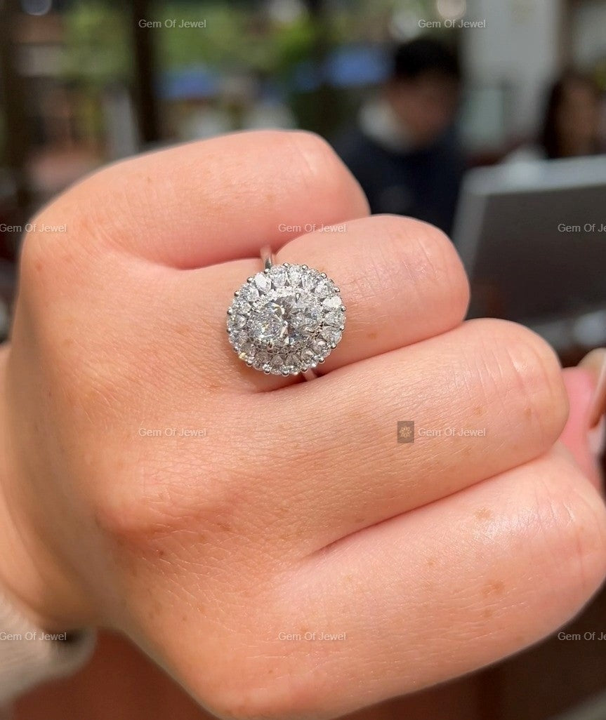 1CT Oval Moissanite Diamond With Halo Of Pear And Round Diamond Flower Shape Ring, Oval Moissanite Diamond With Pear Moissanite Diamond Ring