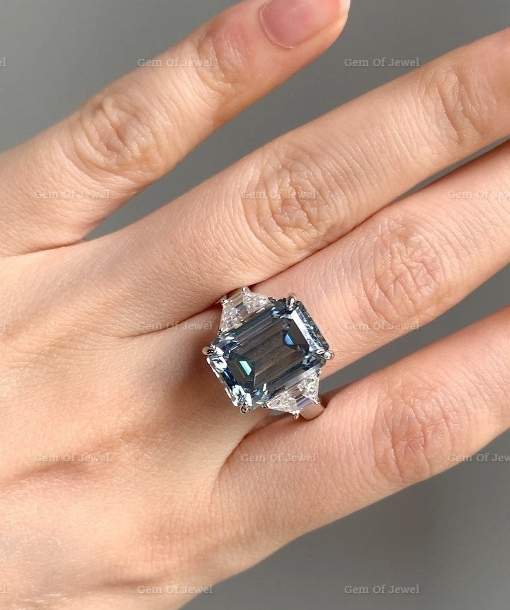 Grey Emerald Moissanite Diamond With Side Trapezoid Three Stone Moissanite Engagement Ring, Gray Moissanite Diamond Ring, Grey 3 Stone Ring