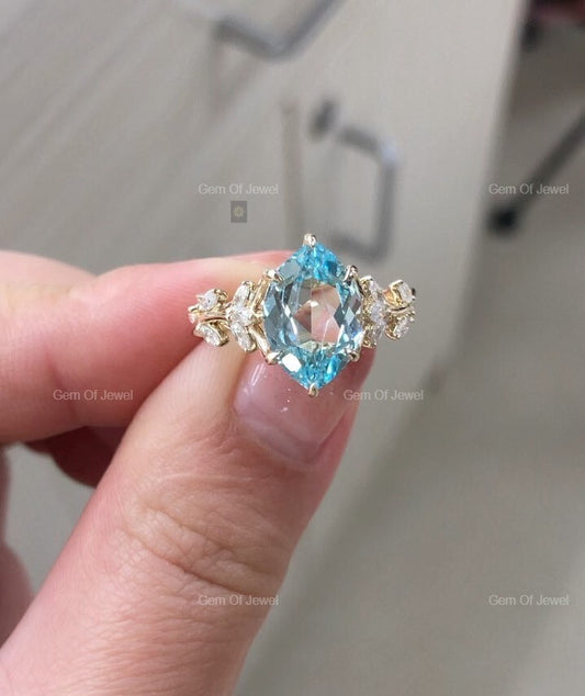 Rose Cut Marquise Diamond Ring ,Floral Leaf Ring With Side Marquise Moissanite Diamond Unique Fancy Ring For Her, Aquamarine Marquise Ring