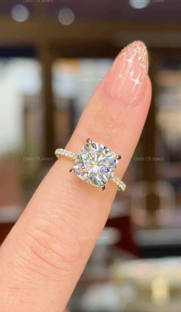 3.5CT Cushion Cut Moissanite Diamond With Round Moissanite Diamond Pave Eternity Ring, Cushion Cut Moissanite Engagement Ring For Her
