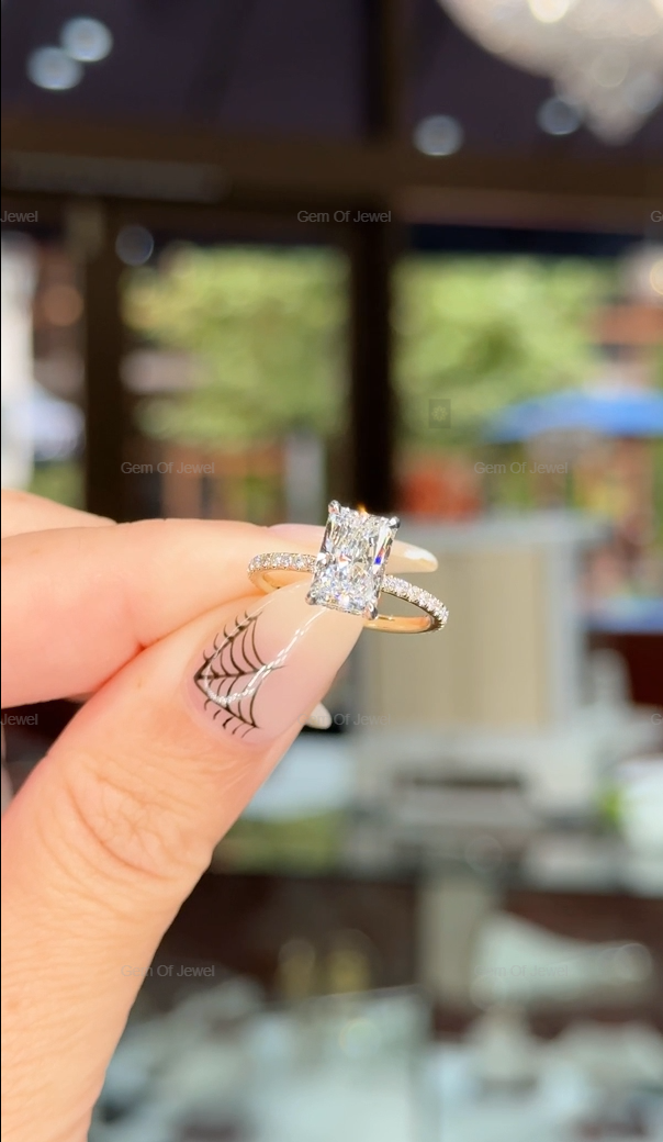 Two Tone Gold Radiant Cut Diamond Ring With Halo Of Round Moissanite Diamond And Pave Diamonds, Solid Gold Ring, Radiant Cut Diamond Ring