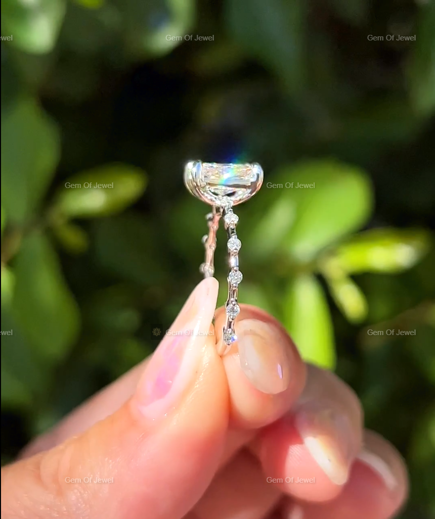 Radiant Moissanite Diamond Ring With Spaced Round Moissanite Diamond Band Solid Gold Ring, Radiant Moissanite Diamond Ring Gift For Her