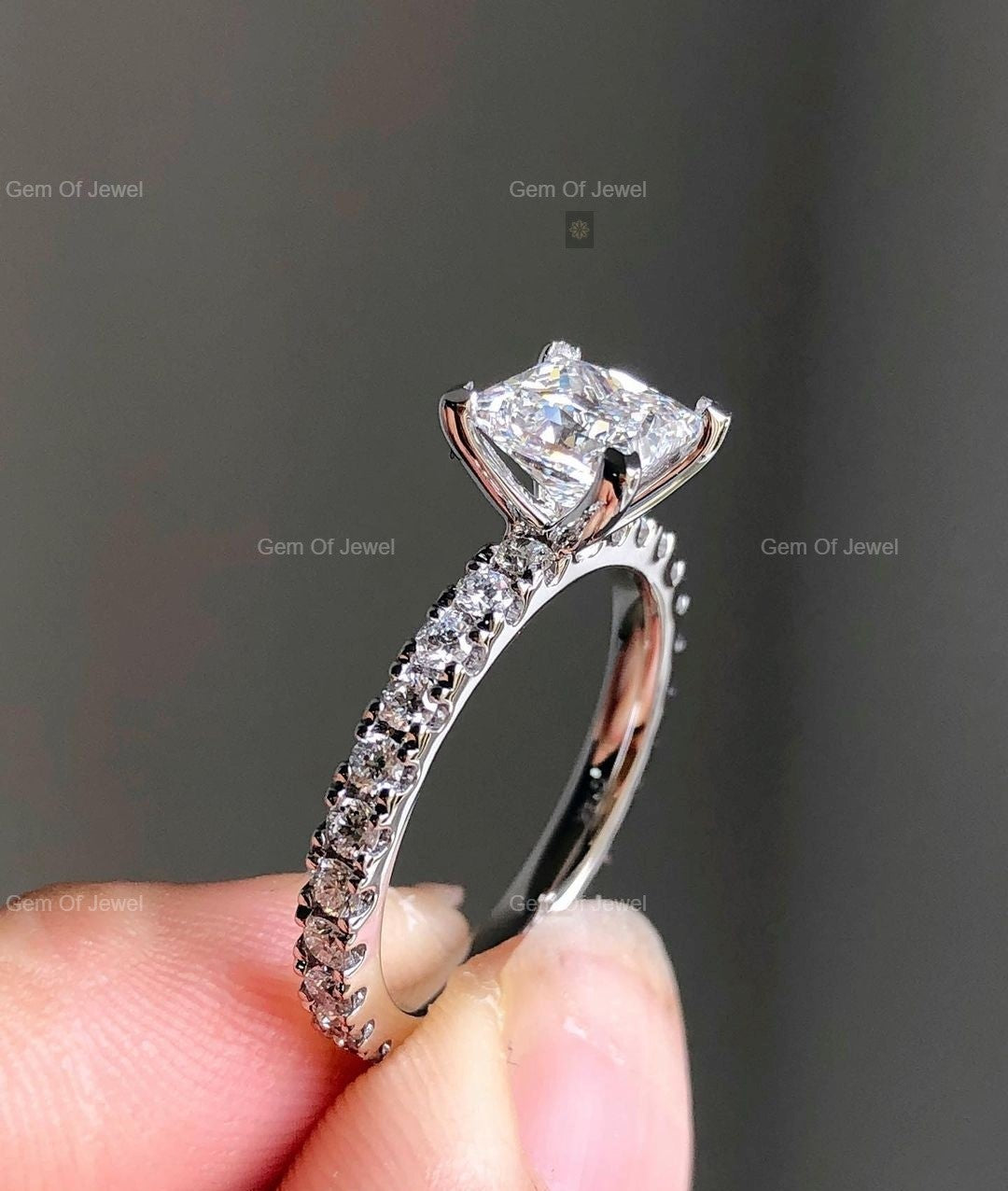 Princess Cut Moissanite Diamond Engagement Ring With Full Eternity Pave Of Round Moissanite Thick Band Ring, Princess Diamond Ring For her