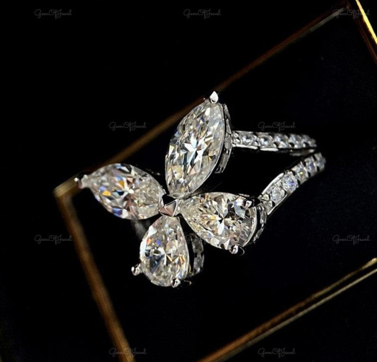 Marquise Moissanite Diamond And Pear Moissanite Diamond Butterfly Shape Engagement Ring, Butterfly Shape Diamond Ring With