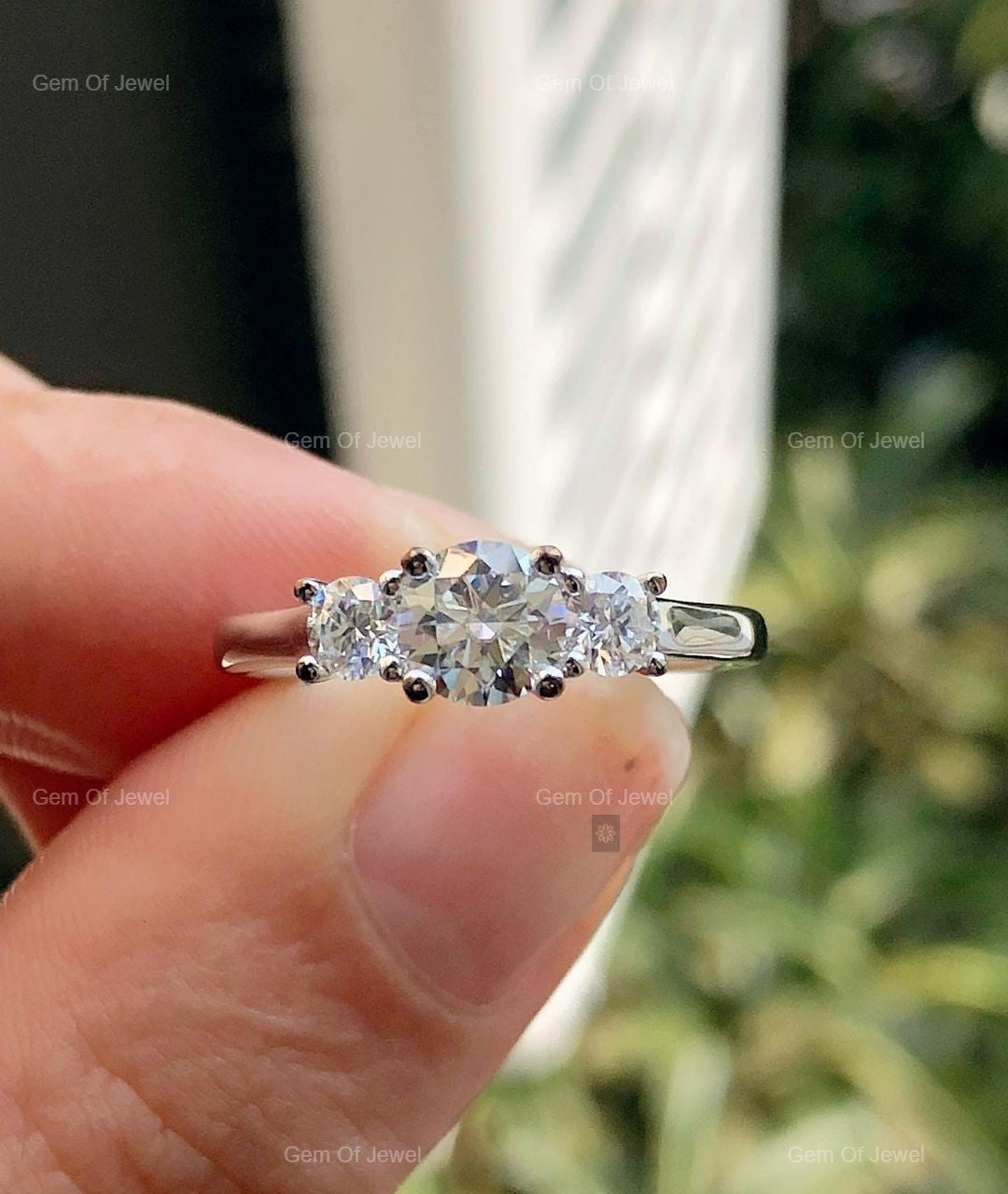 Round Moissanite Diamond 3 Stone Ring With Side Round Moissanite Diamond, Three Stone Moissanite Ring, Round Moissanite Diamond Ring