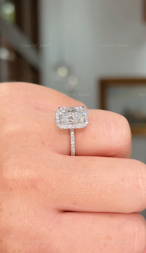 3CT Radiant Moissanite Diamond With Halo Of Round Moissanite Diamond And Diamonds Prong Solid Gold Ring, 3CT Radiant Moissanite Diamond Ring