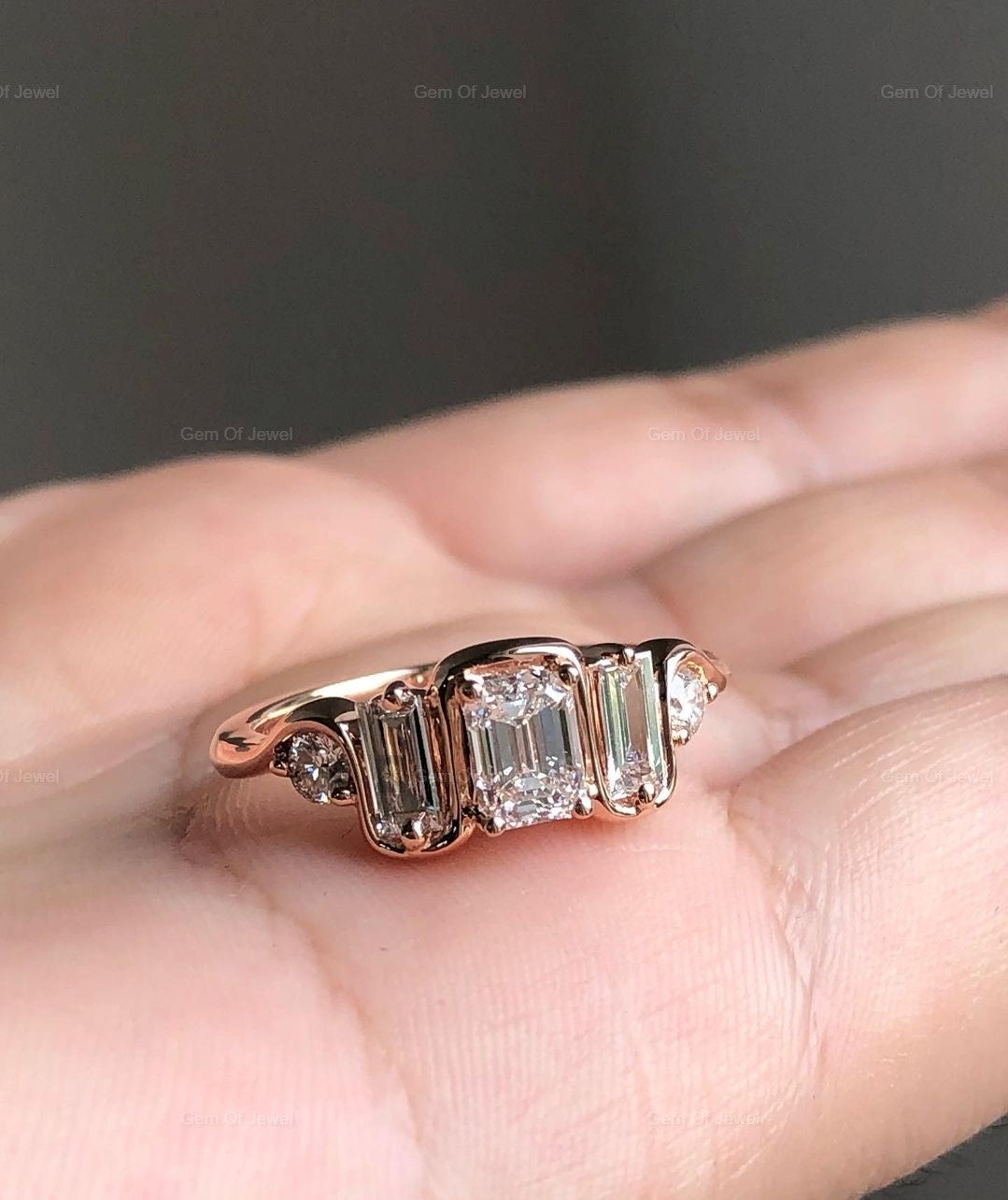 1CT Emerald Diamond Moissanite Diamond Ring With Side Baguette And Round Moissanite Multistone Ring, Emerald Moissanite Diamond Ring For Her