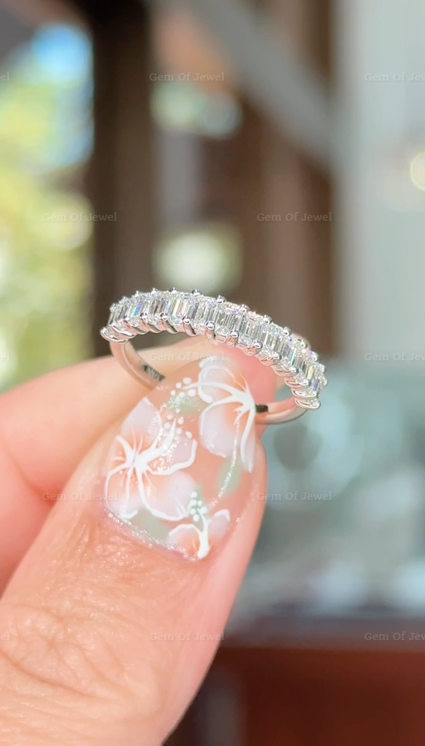 Emerald Moissanite Half Eternity Wedding Ring, Emerald Diamond Moissanite Wedding Band, Emerald Diamond Matching Band, 3mm Diamond Band