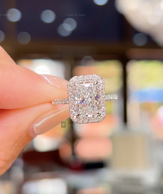 Radiant Cut Moissanite Diamond With Halo Of Round Moissanite Diamond And Petal Prong Solid Gold Ring, Lotus Prong Ring, Radiant Diamond Ring