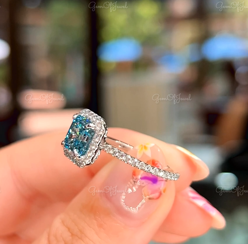 Ascher Cut Blue Lab Diamond Halo Ring, Blue Diamond Asscher Cut Ring With Halo And Side Round Moissanite Gold Ring, Blue Color Diamond Ring