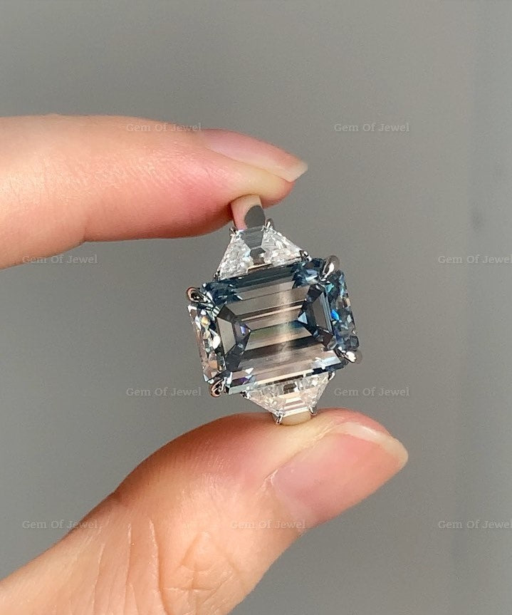 Grey Emerald Moissanite Diamond With Side Trapezoid Three Stone Moissanite Engagement Ring, Gray Moissanite Diamond Ring, Grey 3 Stone Ring