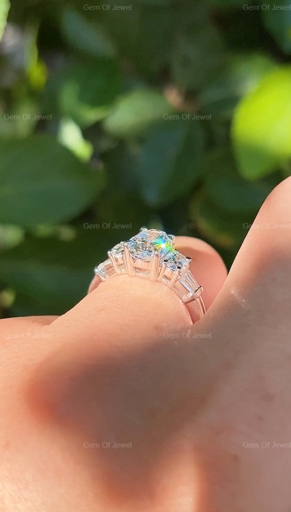 Oval Diamond Moissanite Ring With Side Oval And Tapered Baguette Moissanite 5 Stone Diamond Engagement Ring For Her, Oval Diamond Ring